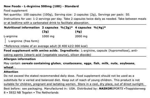 L-Arginine 500mg - 100 Capsules - Now Foods