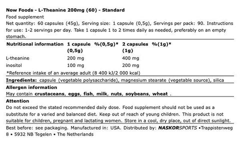 L-Theanine 200mg- 60 Softgels - Now Foods