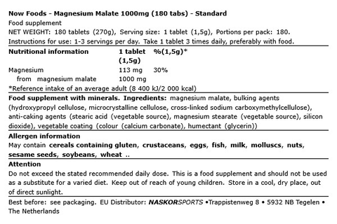 Magnesium Malat 1000mg - 180 Tabletten - Now Foods