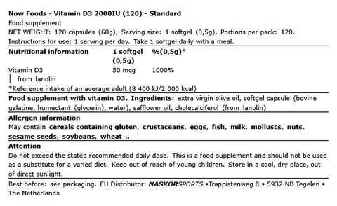 Vitamin D3 2000IU - 120 Softgels - Now Foods