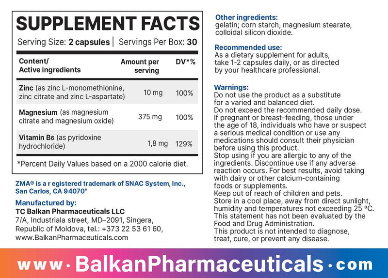 ZMA - 60 Capsules - Balkan Pharmaceuticals